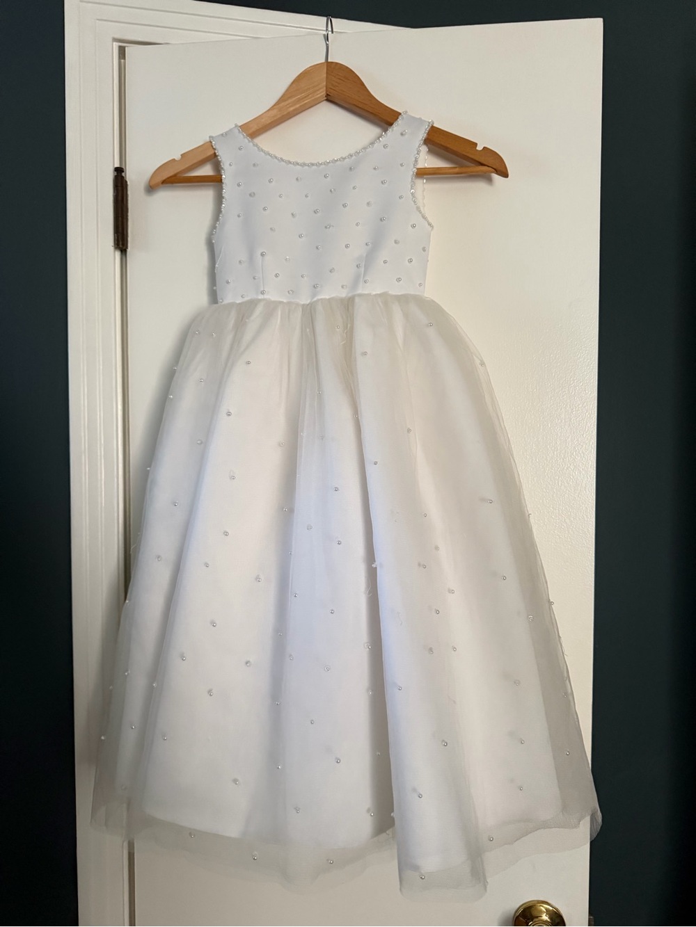 White Beaded Tulle Flower Girl Dress for Kids